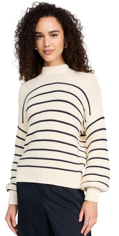Alex Mill Button-Back Crewneck Sweater in Stripe Ivory/Dark Navy