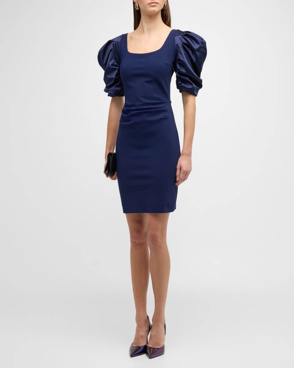Scoop-Neck Ruched-Sleeve Bodycon Mini Dress