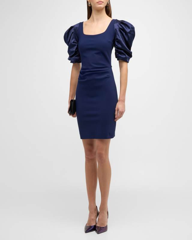 Scoop-Neck Ruched-Sleeve Bodycon Mini Dress