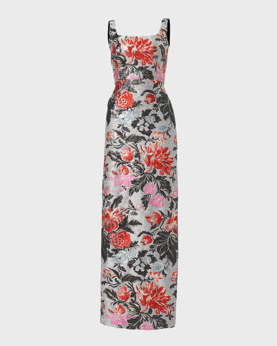 Floral Print Jacquard Column Gown