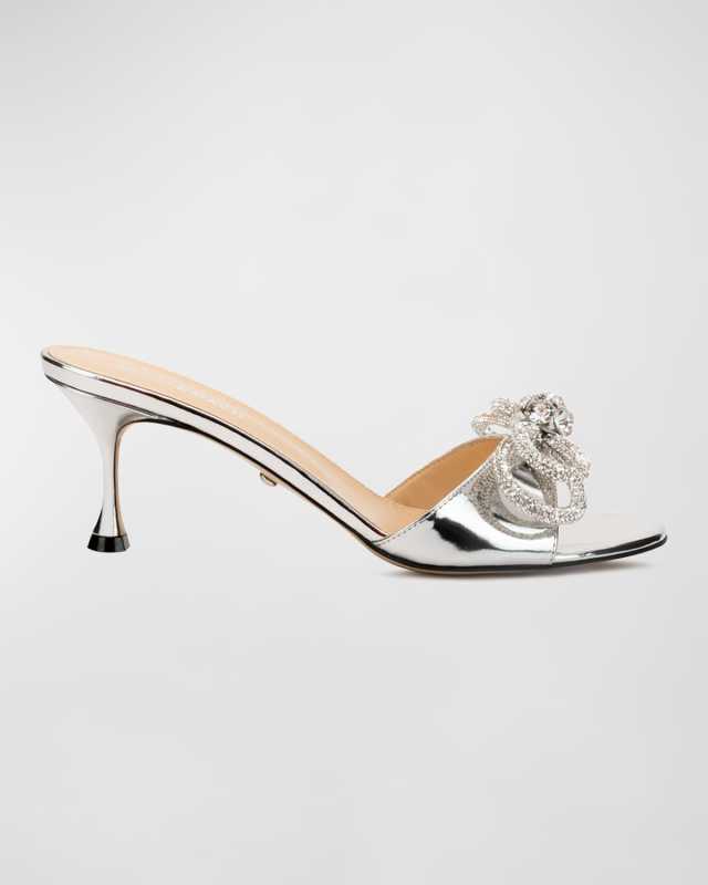 Double Bow Silver Patent Leather Mule Pumps