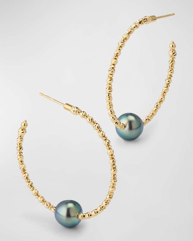 18K Yellow Gold Small Tahitian Pearl Hoop Earrings