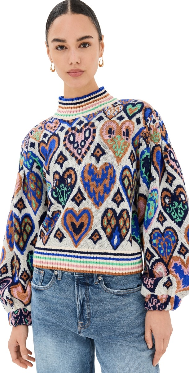 FARM Rio Hearts Ikat Cream Knit Sweater Hearts Ikat Cream