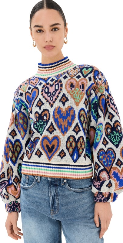 FARM Rio Hearts Ikat Cream Knit Sweater Hearts Ikat Cream