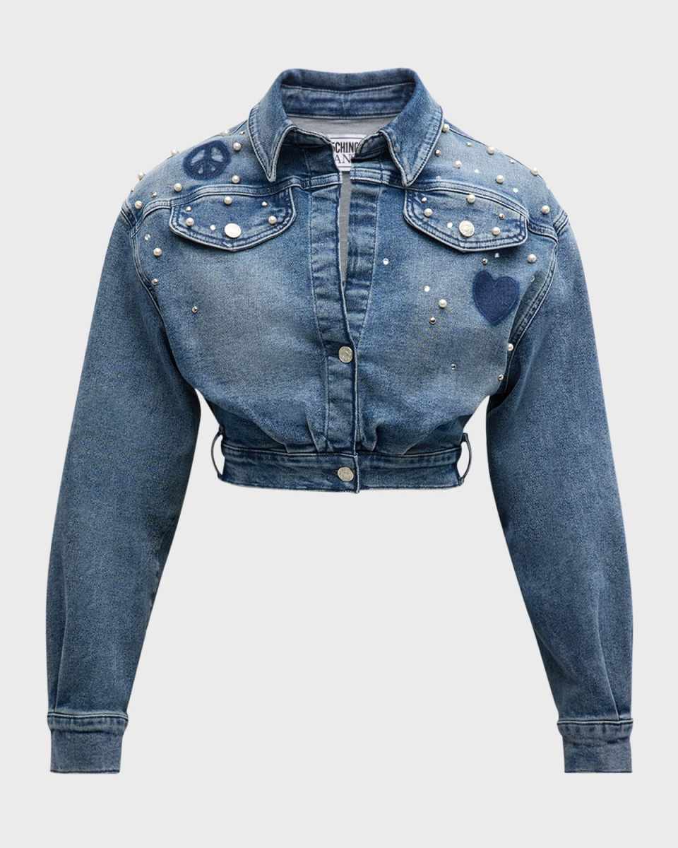 Pearl-Embellished Cropped Denim Jacket