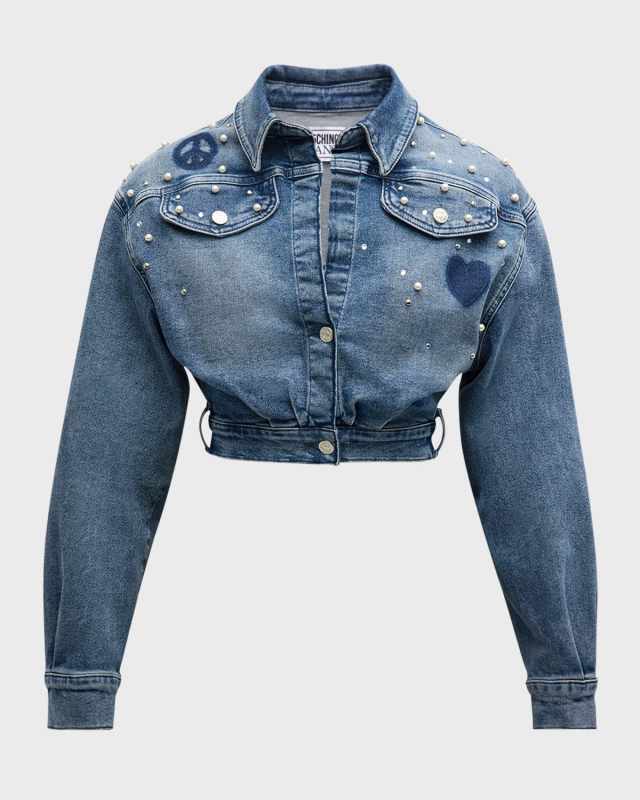 Pearl-Embellished Cropped Denim Jacket