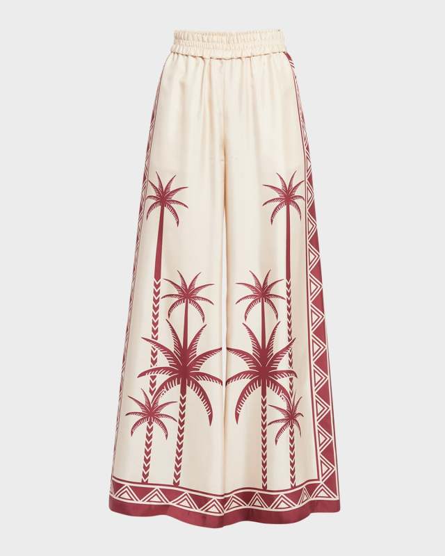 Wide-Leg Silk Palazzo Pants with Floral Detai