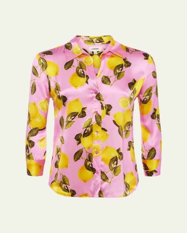 Dani 3/4-Sleeve Lemon-Print Blous