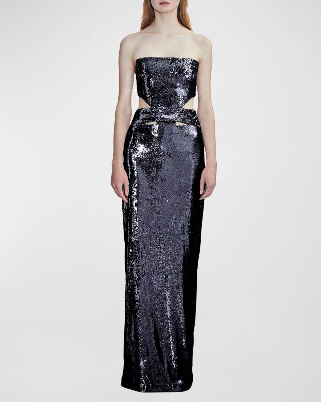 Ava Strapless Sequined Cutout Column Gown