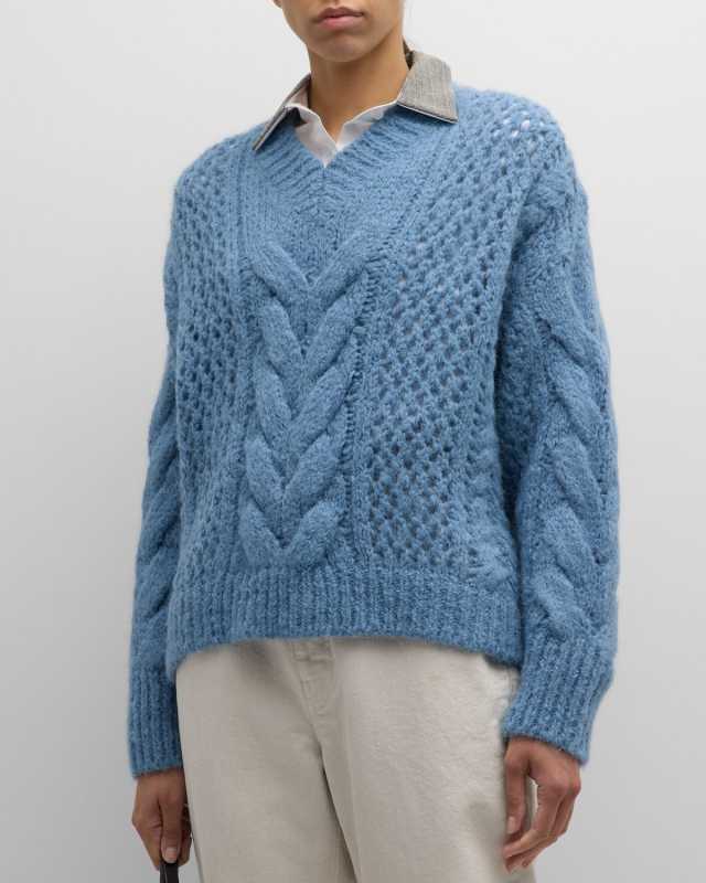 Alpaca-Wool Irish Cable Knit V-Neck Sweater