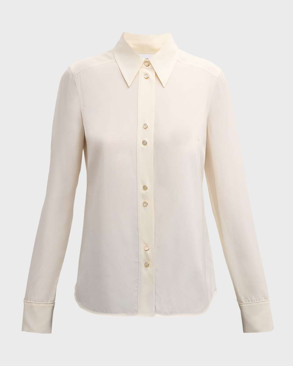 Western-Cuff Long-Sleeve Silk Crepe De Chine Top
