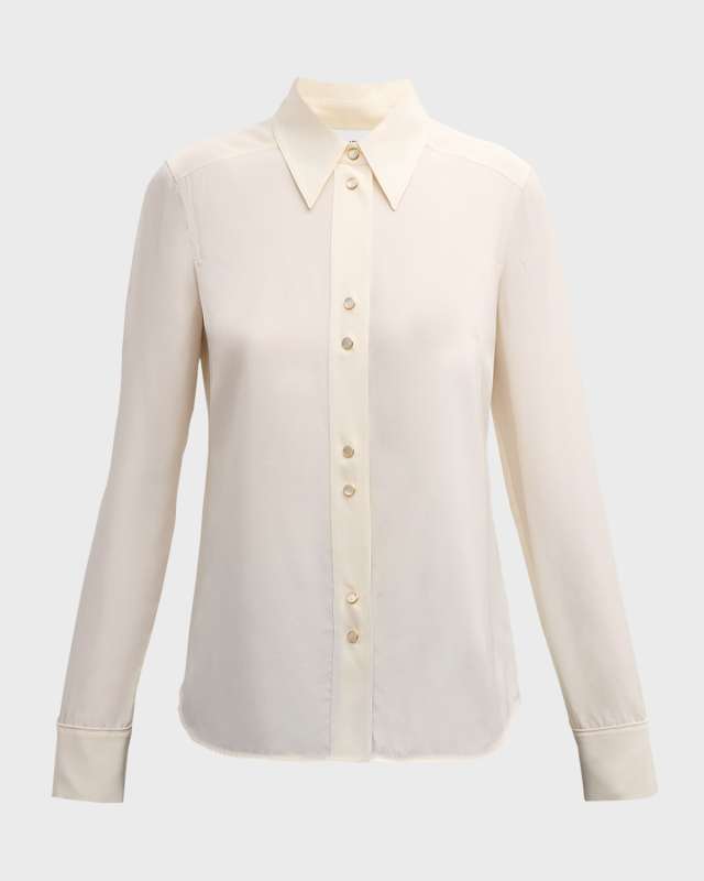 Western-Cuff Long-Sleeve Silk Crepe De Chine Top