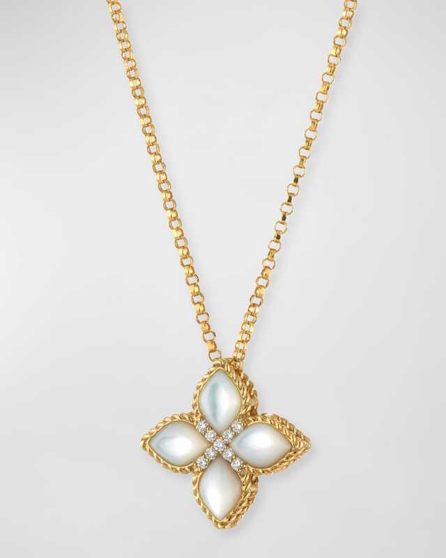 18K Yellow Gold Venetian Princess Mother of Pearl Necklace with Diamonds