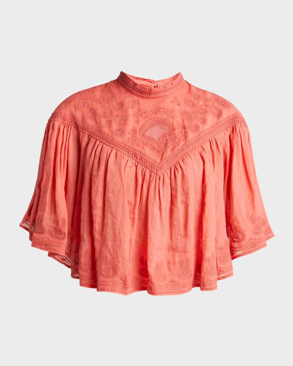 Elodia Embroidered V-Yoke Short-Sleeve Boxy Blouse