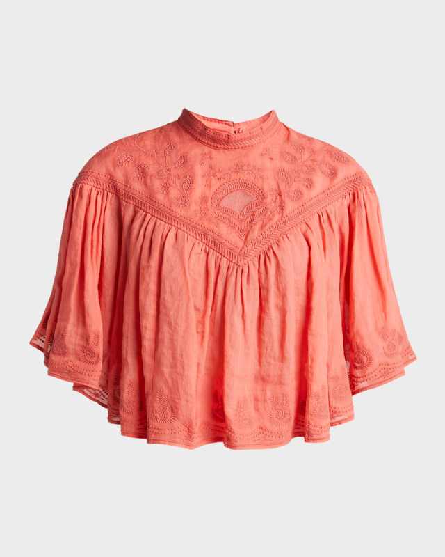 Elodia Embroidered V-Yoke Short-Sleeve Boxy Blouse