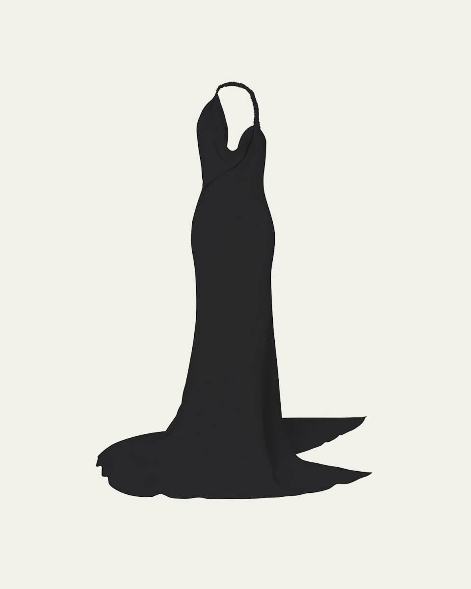 Desires Beaded Cowl-Neck Open-Back Trumpet Gown