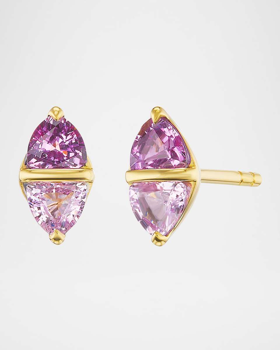 Diamond Stud Earrings in 18K Yellow Gold and Pink Sapphires