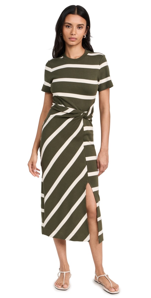 Tanya Taylor Short Sleeve Striped Cody Dress Army/Cream