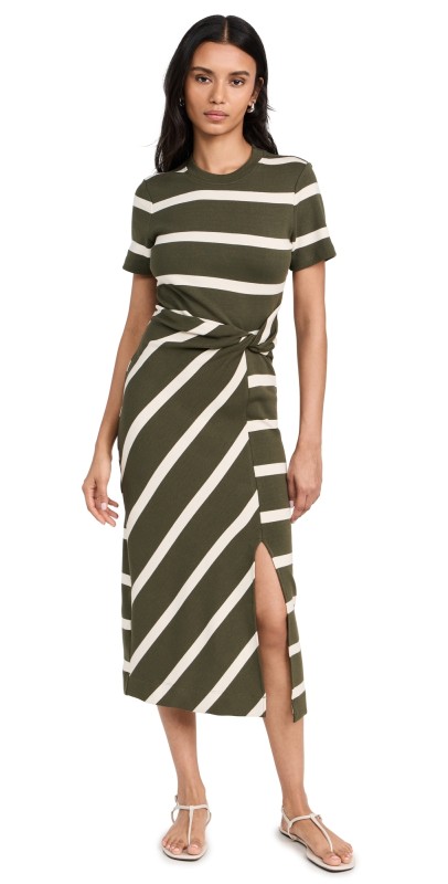 Tanya Taylor Short Sleeve Striped Cody Dress Army/Cream