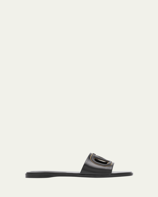 VLogo Leather Cutout Flat Slide Sandals