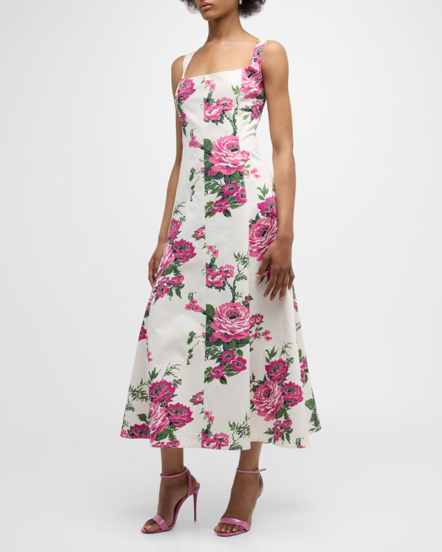 Floral-Print Square-Neck Midi Dress