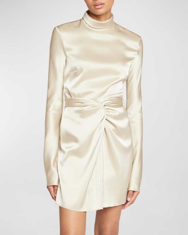 Charon Satin Twist Front Long-Sleeve Mini Dress