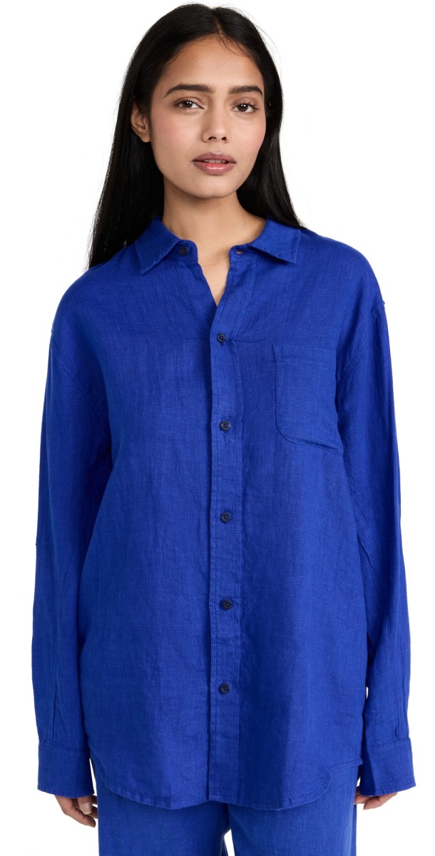 Desmond & Dempsey Lounge Plain Linen Shirt Lazuli