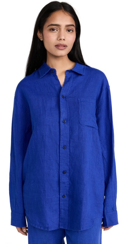 Desmond & Dempsey Lounge Plain Linen Shirt Lazuli