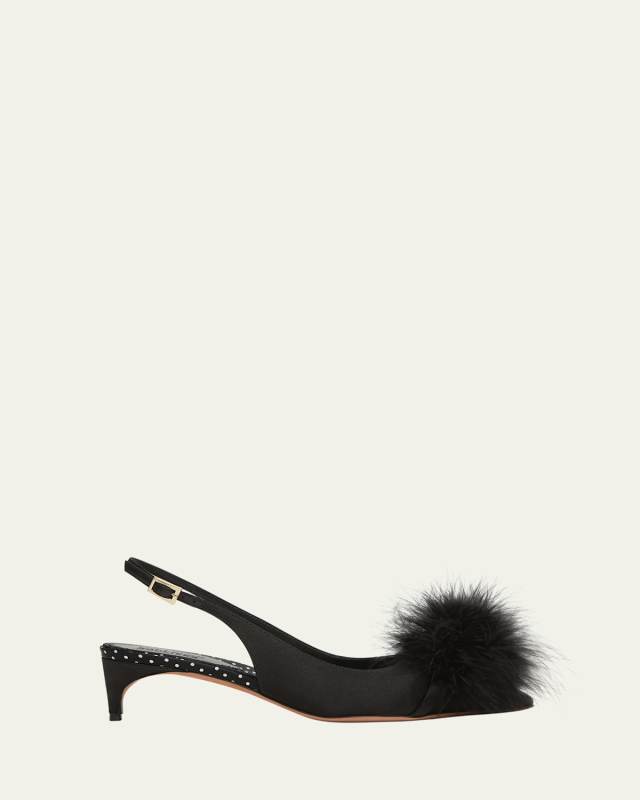 Andrea Satin Feather Pom Slingback Pumps
