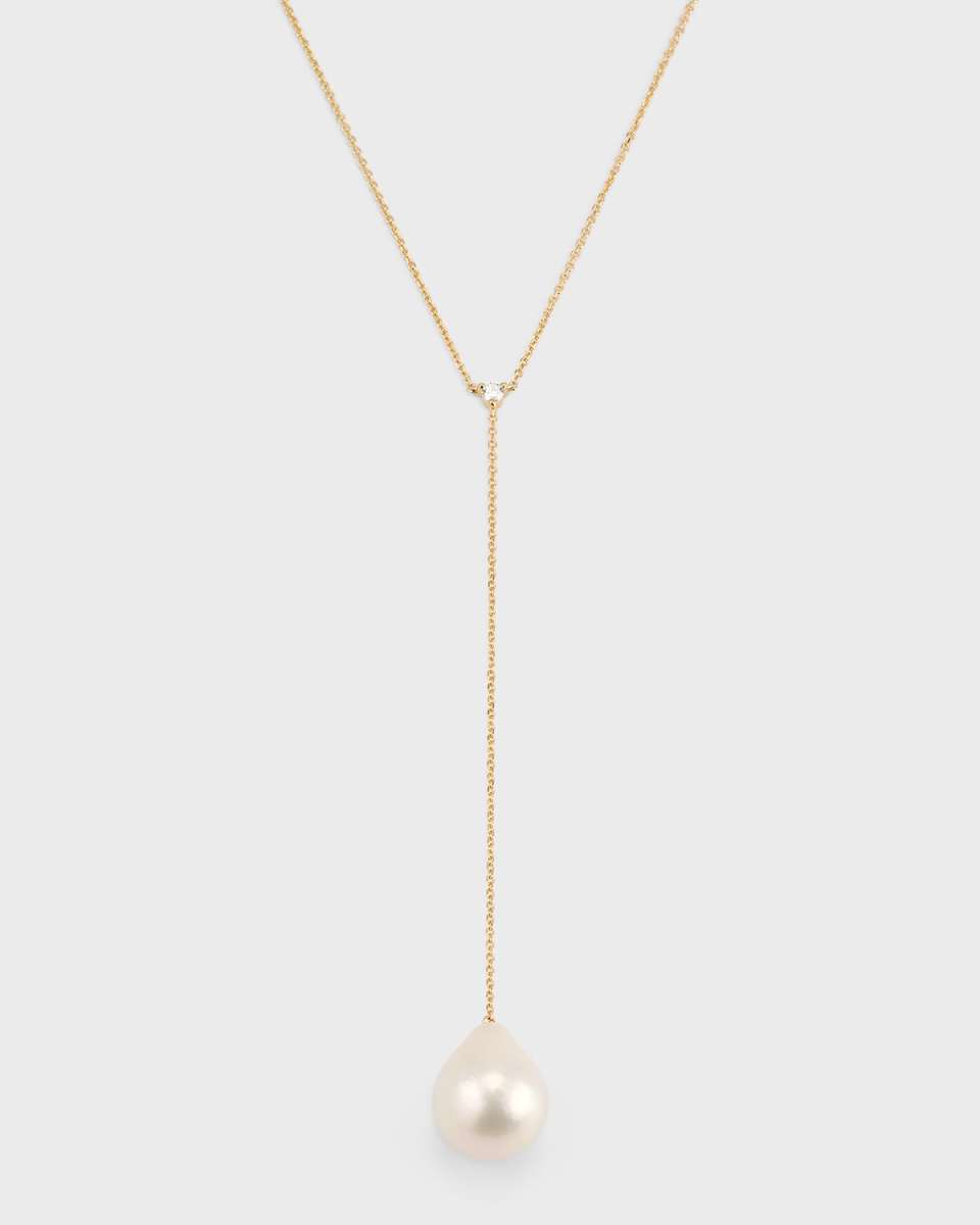 14k Gold Freshwater Pearl and Diamond Lariat Necklace 16"L