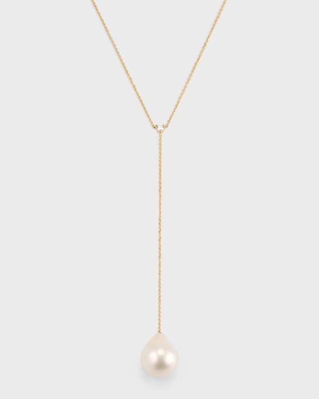 14k Gold Freshwater Pearl and Diamond Lariat Necklace 16"L