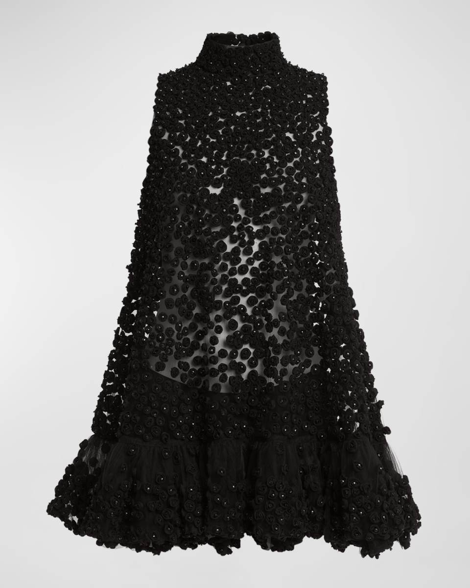 High-Neck Rosette Embroidered Sheer Tulle Mini Dress