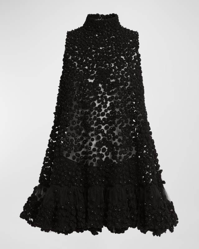 High-Neck Rosette Embroidered Sheer Tulle Mini Dress