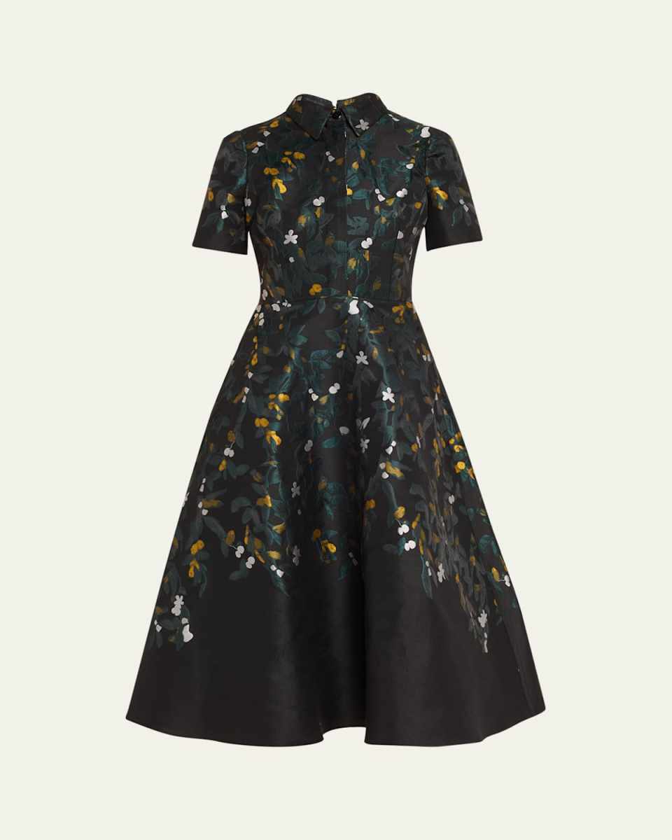 A-Line Floral Jacquard Midi Shirtdress