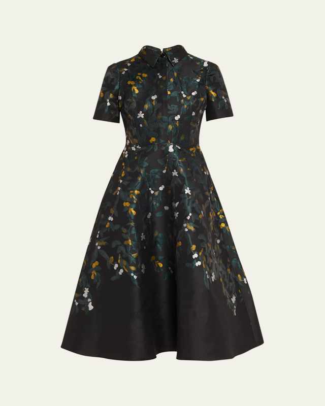 A-Line Floral Jacquard Midi Shirtdress