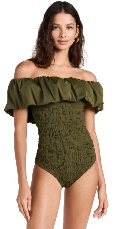 Sea Sophie Solid Smocked Strapless One Piece Olive