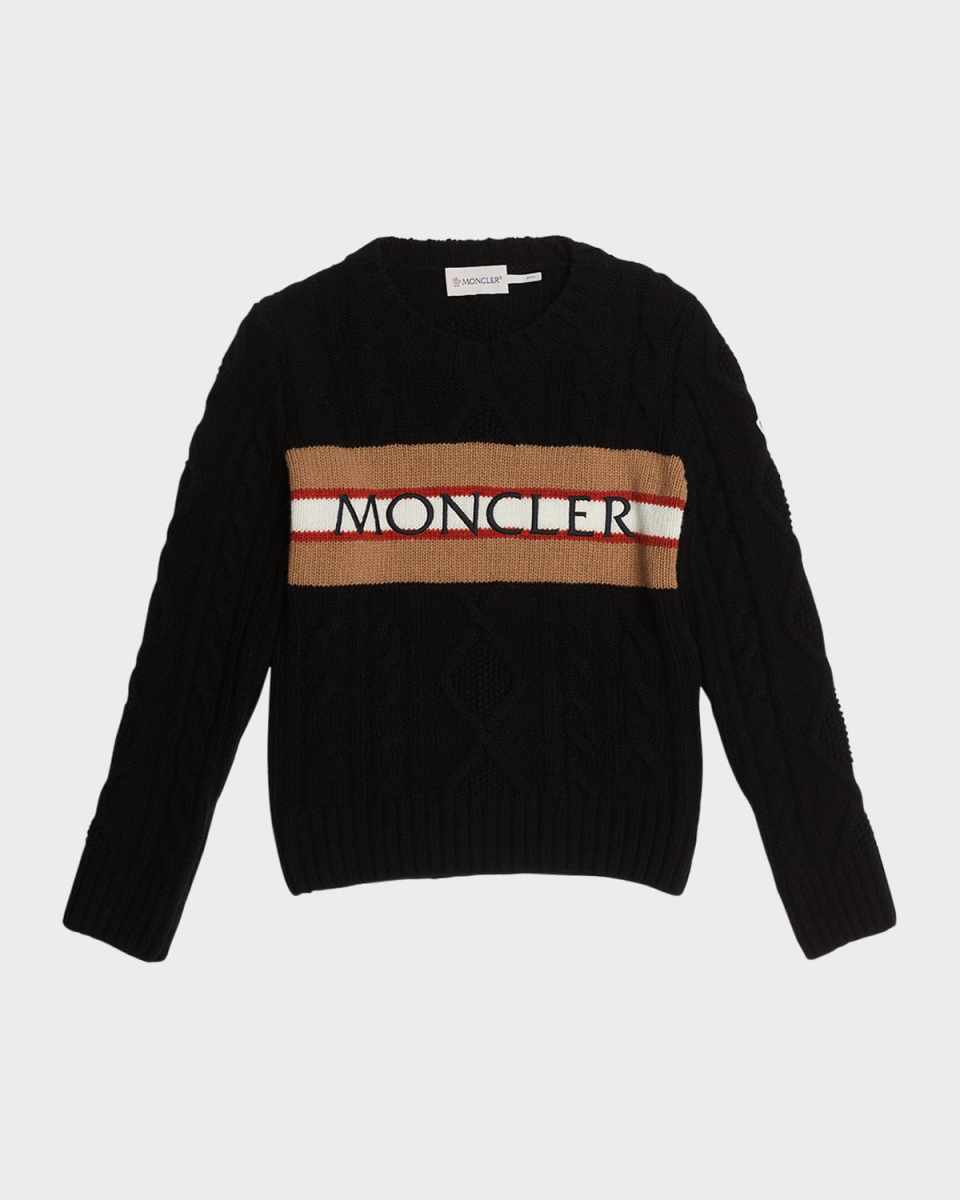 Boy's Striped Embroidered Logo-Print Knit Wool Sweater, Size 8-14
