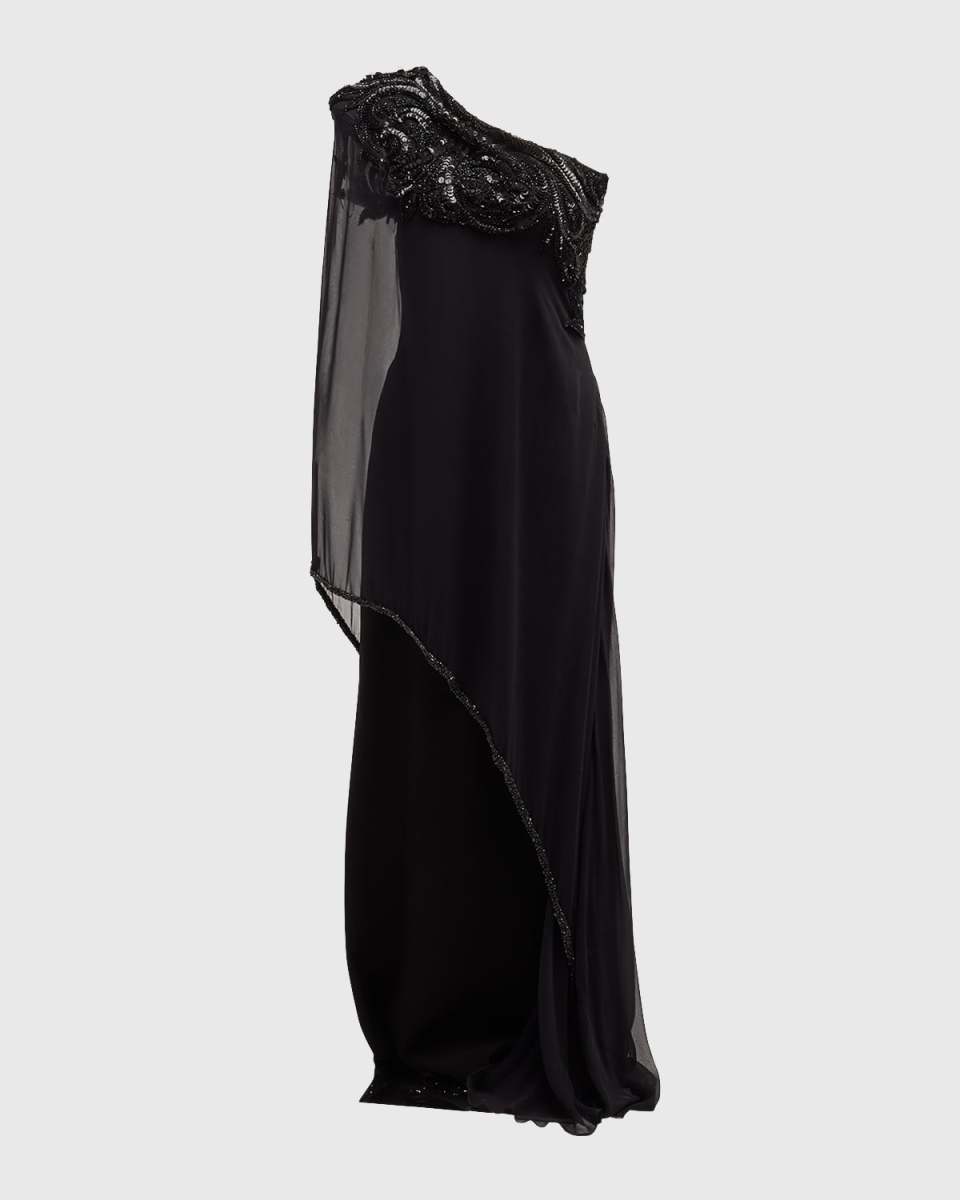 Beaded One-Shoulder Gown with Sheer Overlay