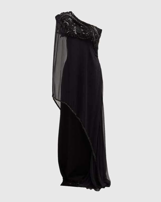 Beaded One-Shoulder Gown with Sheer Overlay