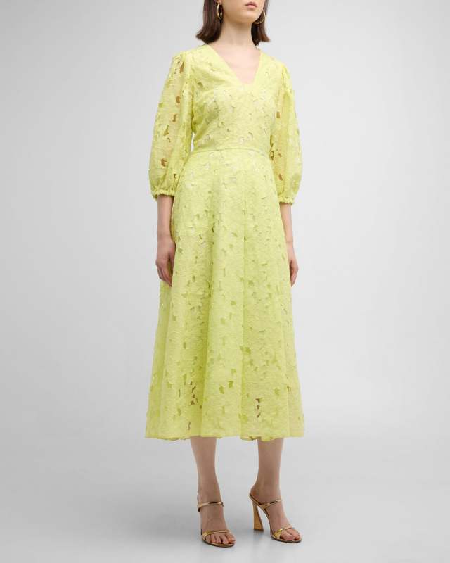 Floral Lace 3/4-Sleeve Midi Dress