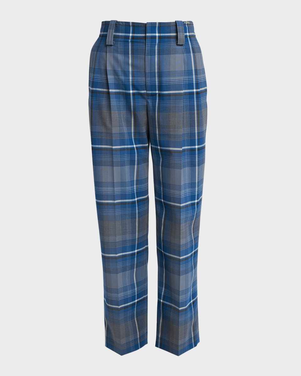 Mid-Rise Check Double-Pleated Straight-Leg Trousers