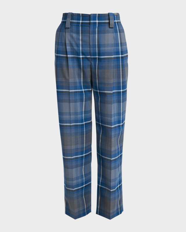 Mid-Rise Check Double-Pleated Straight-Leg Trousers