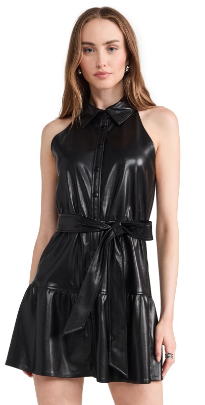 alice + olivia Miranda Vegan Leather Tiered Mini Dress Black