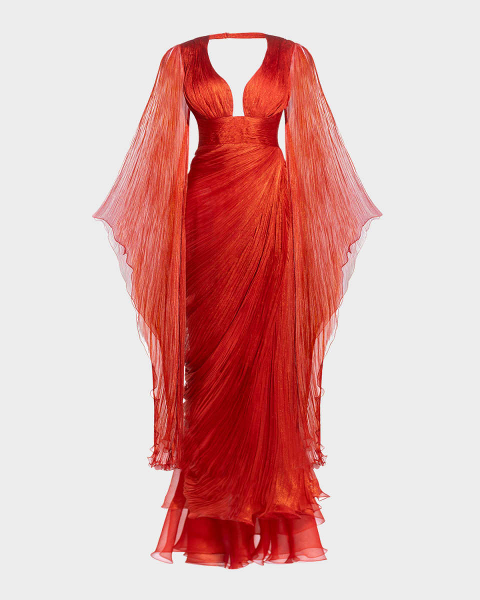 Danielle Long-Sleeve Pleated Silk Dress