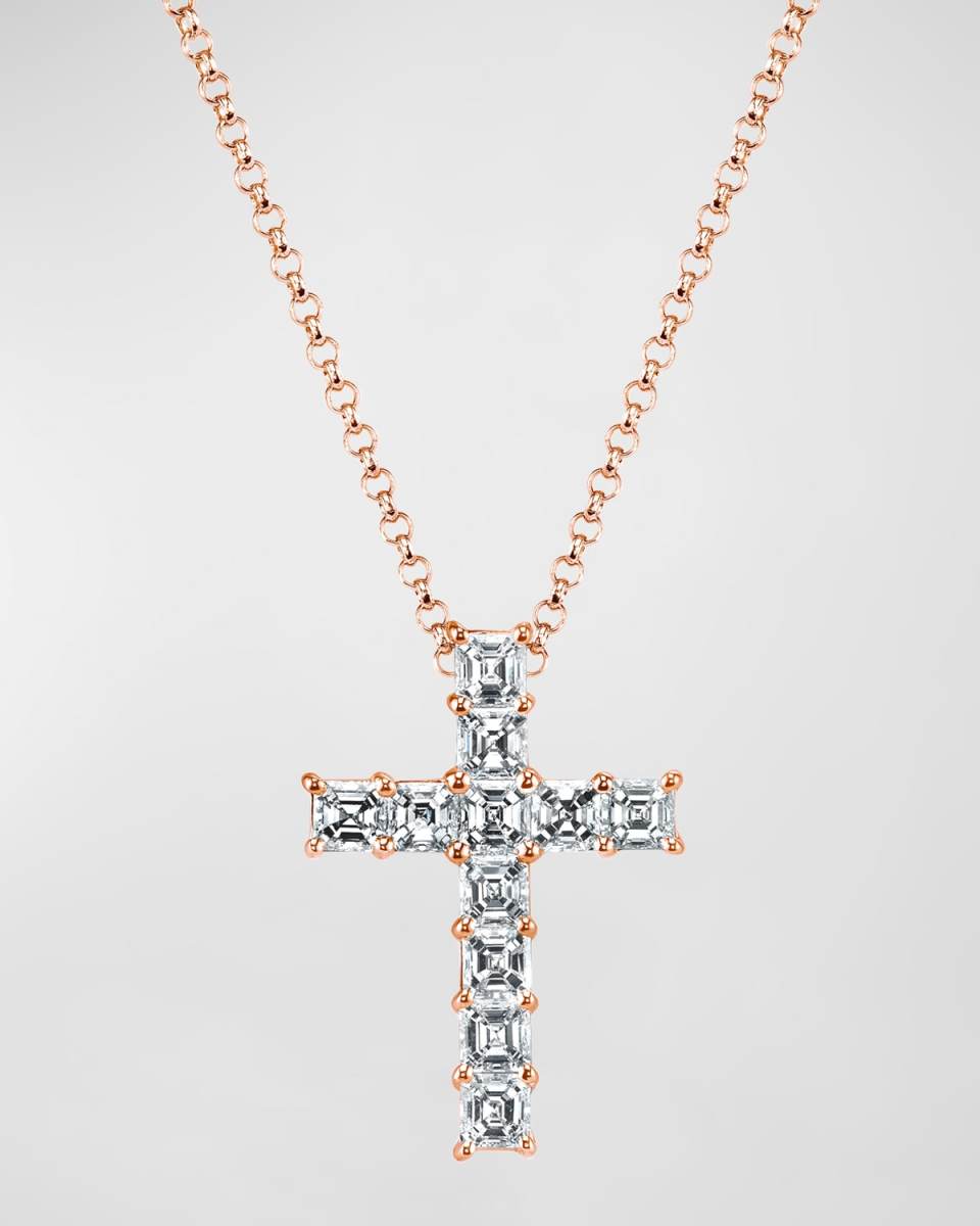 18K Gold 11-Stone Shared Prong Asscher Cut Diamond Cross Necklace, 16"L, 0.75tcw