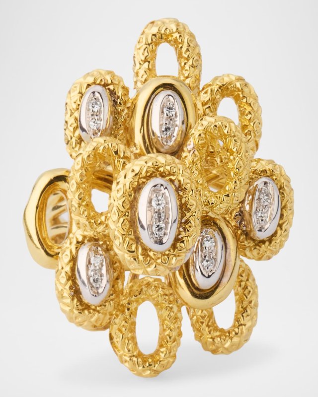 Estate 18K Gold Diamond Tiered Carved Oval Statement Ring, Size
