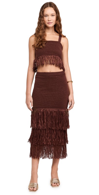 Saylor Shanda Fringe Midi Skirt Set Coffee Bean