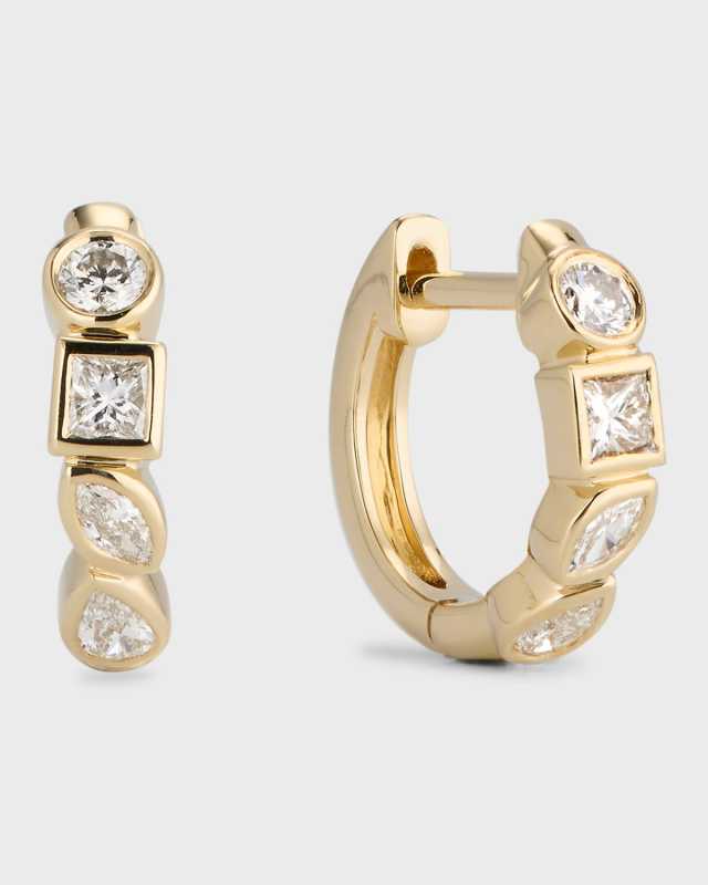 14K Gold Multi-Shape Diamond Huggie Earrings