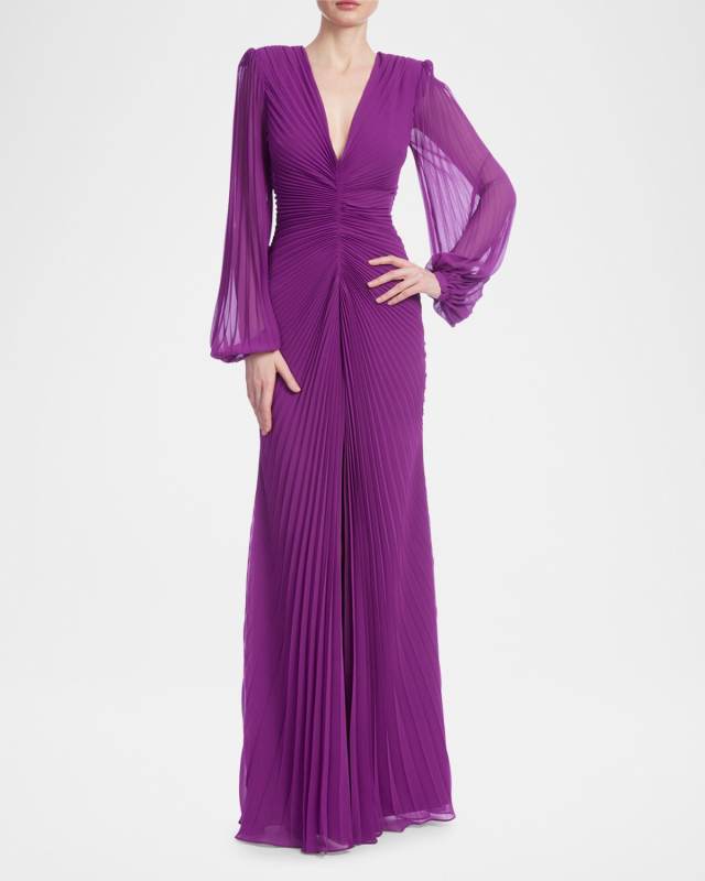 Pleated Deep V-Neck Gown