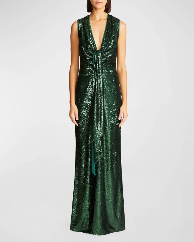 Magdalena Deep V-Neck Sequin Column Gown